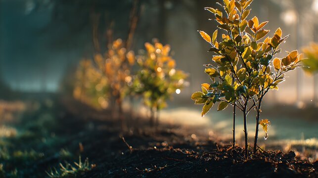 A row of saplings, with one tree in sharp focus, its dewy leaves glowing under the warm morning light