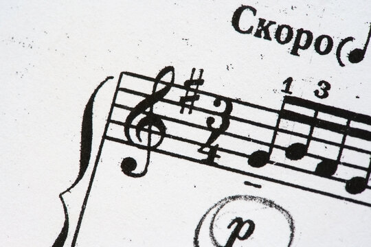 Treble clef, sharp key signature and printed musical notes on a worn piano sheet music page, extreme close-up of classical score notation with finger numbers, no people