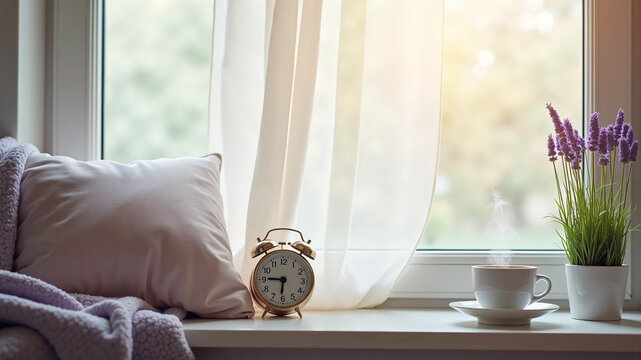 World Narcolepsy Day awareness concept, vintage alarm clock with pillow and steaming coffee cup on window sill, morning sleepiness and fatigue lifestyle background