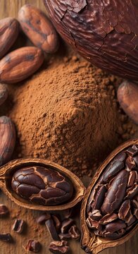 Rich Cocoa Powder and Cacao Bean Arranged in Close Up Food Still Life