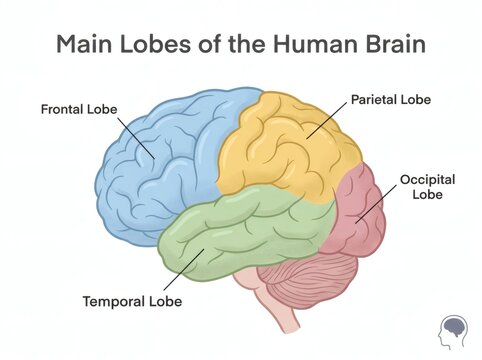The human brain illustration displays main lobes including frontal, parietal, temporal, and occipital lobes.