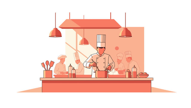 Professional Head Chef and Team Working in Commercial Restaurant Kitchen Flat Illustration