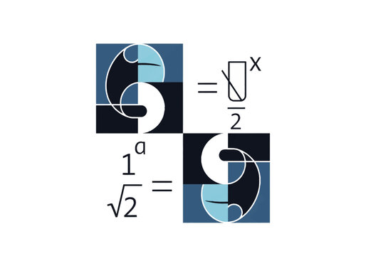 Minimalist vector illustration of abstract mathematical formulas including square root, division, and exponents integrated with blue geometric shapes on a white background.