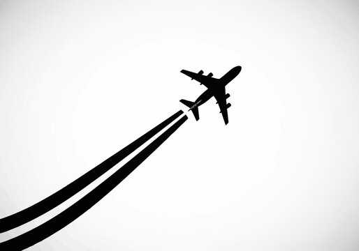 Minimalist black silhouette of a four-engine commercial passenger airliner flying diagonally upwards, featuring two thick parallel condensation trails against a light gradient background.
