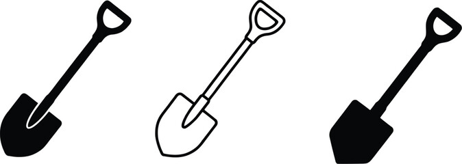 Three black and white vector illustration designs of gardening shovels arranged in a simple row © SKY DRIVE