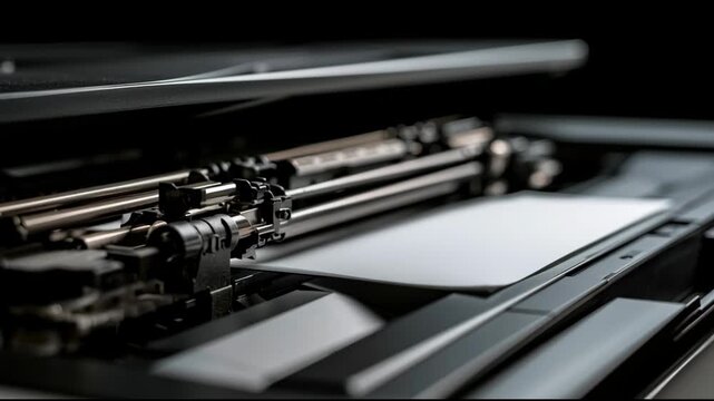 Close-up view of printer paper jam in an office. The printer struggles to feed paper properly. Desk is busy with office tasks and equipment.