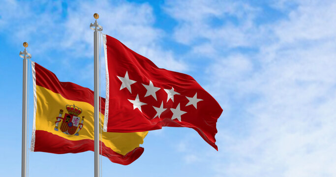 Community of Madrid flag waving with national spanish flag