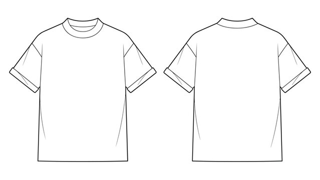 mens boxy drop shoulder oversized t shirt flat sketch vector illustration front and back view technical drawing template. cad mockup.