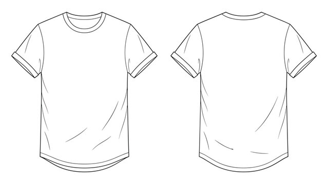 mens curved hem crew neck t shirt flat sketch vector illustration front and back view technical drawing template. cad mockup.