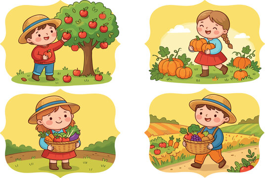Cute cartoon children harvesting organic fresh fruits and vegetables vector illustration set with boy picking apples girl gathering pumpkin patch autumn agriculture scene