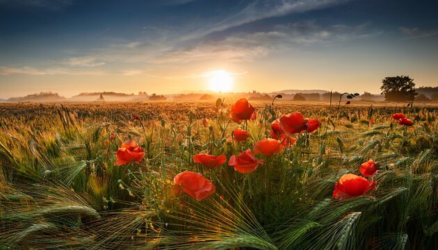 Beautiful Poppies In A Wheat Field On Sunrise