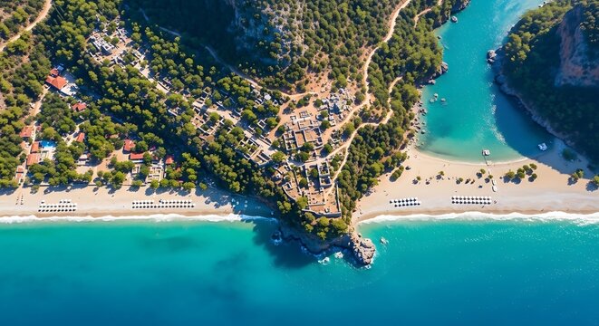 Turquoise Coastal Lagoon Bordering Sandy Beach and Forested Hills in Aerial View