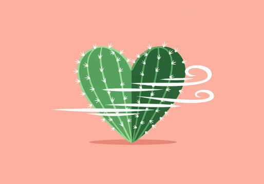 Minimalist vector illustration of heart-shaped green cactus with white spines and stylized white wind gusts blowing across the center, set against a solid pink backdrop.