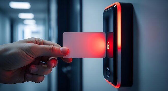 Hand holding red keycard near glowing access control reader