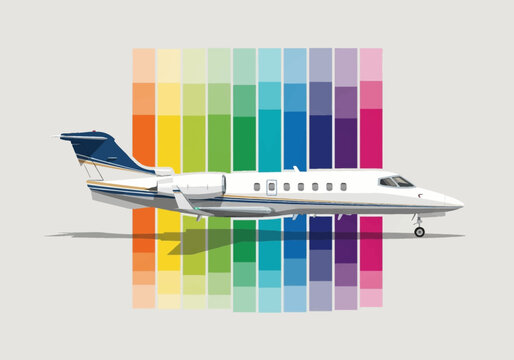 Side profile vector illustration of a Learjet 31 private business jet with white fuselage and blue stripes, positioned against a vertical rainbow spectrum color key background.