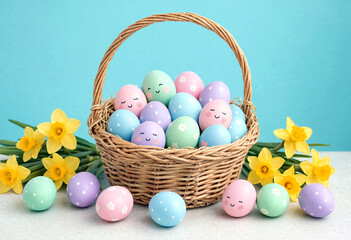 Fototapeta premium Colorful easter eggs with cute faces in a basket surrounded by cheerful daffodil flowers display