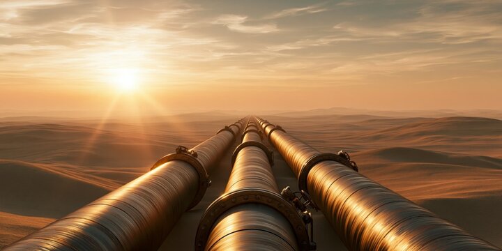 Three metallic pipelines extend into the distance across a vast golden desert landscape during a warm sunset.