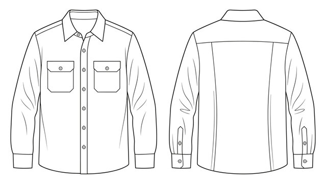 Workwear Flannel Double Pocket Long Sleeve Shirt Flat Technical Drawing Illustration Blank Mock-up Template for Design and Tech Packs CAD