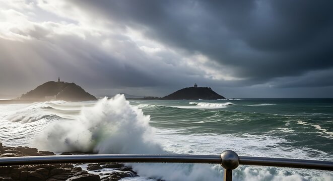 Dramatic Stormy Ocean Waves Crashing Against Rocky Coast with Small Islands Offshore