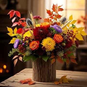Vibrant Autumn Flower Arrangement Displayed in Rustic Wooden Vase on Table
