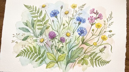 Obraz premium Watercolor wildflowers, colorful botanical illustration, floral arrangement, garden blooms