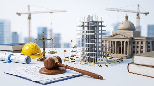 Miniature Construction Site, Courthouse, Judge Gavel, Safety Helmet and Legal Documents in Modern City Scene, Building Code Law, Inspection, Contractor Liability and Safety Compliance Concept