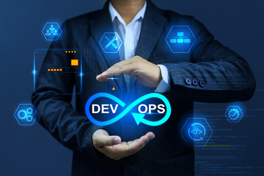 Software developer dev ops concept with a businessman holding development operations programming technology to applied in business data analysis
