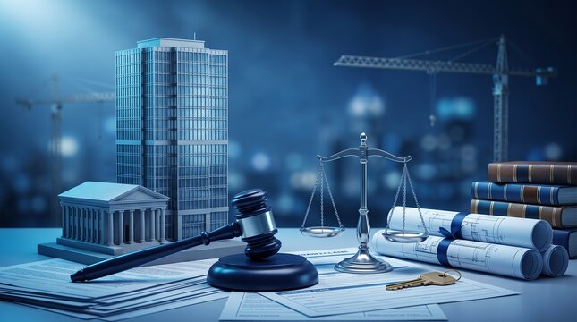 Blue Themed Miniature Office Tower, Courthouse, Judge Gavel, Balance Scale and Insurance Documents for Property Damage Law, Construction Claims, Liability and Compensation Disputes
