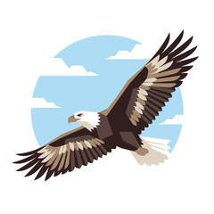 Fototapeta premium Majestic bald eagle soaring in clear sky with clouds, vector illustration