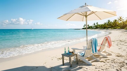 Fototapeta premium Chairs with towels at white sand beach resort