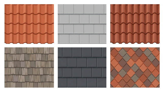 Six diverse roofing material samples, including terracotta tiles, asphalt shingles, and wood shakes, arranged in a grid against a neutral background for comparison