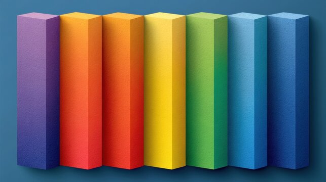 3D Geometric Rectangular Prisms in Horizontal Sequence with Velvet Texture and Rainbow Color Gradient from Violet to Blue on Deep Blue Background for Design