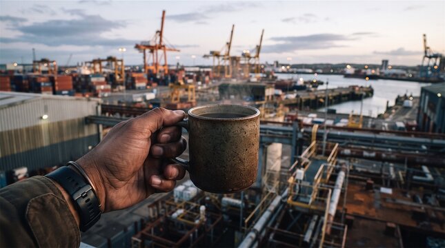 Hand holding steaming coffee mug overlooking industrial port