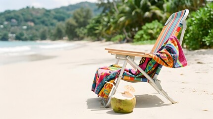 Obraz premium Colorful beach chair with coconut on sandy shore