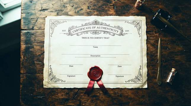 Vintage authenticity certificate with red wax seal on parchment paper cinematic detective concept for mystery investigation. Ai Generated