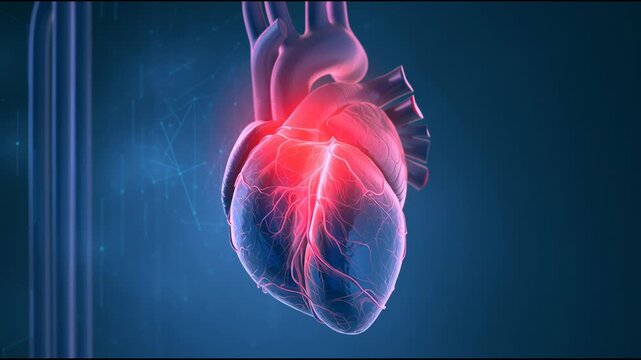 Heart shows rhythmic beating with vibrant red pulses. Animation highlights blood flow in detail. Clear representation of heart activity.