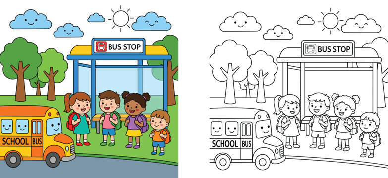 Children waiting at school bus stop cartoon illustration and black and white coloring page book vector set, back to school theme