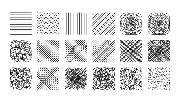 Collection of various black and white texture patterns featuring lines waves and scribble effects for creative design backgrounds.