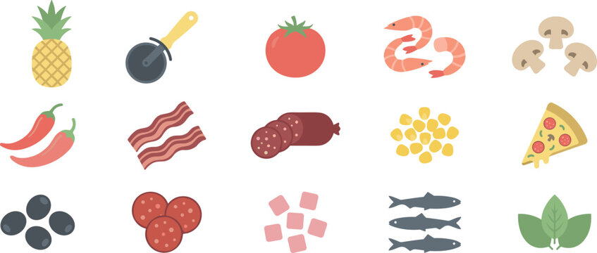 Pizza toppings and ingredients vector icon set with slice cutter pineapple tomato shrimp mushroom chili bacon salami corn olives pepperoni ham fish and basil leaves