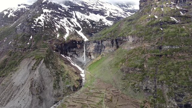 Spectacular Sissu Waterfall Flowing Through the Himalayan Region of Northern India