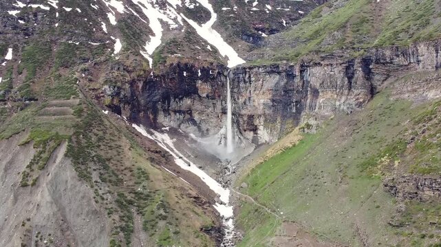 Panoramic Aerial View of Sissu Waterfall and Mountain Landscape in the Himalayan Region