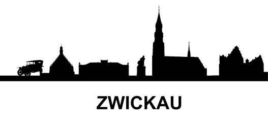 Obraz premium Zwickau Skyline Silhouette with Urban Landmarks, East Germany Cityscape Vector Illustration with Text