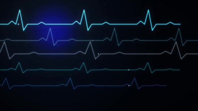 Modern medical animation showing multiple blue heartbeat pulse lines moving across a dark screen