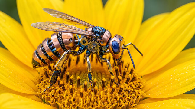 Steampunk mechanical bee made of copper and gears pollinating a bright yellow sunflower close-up