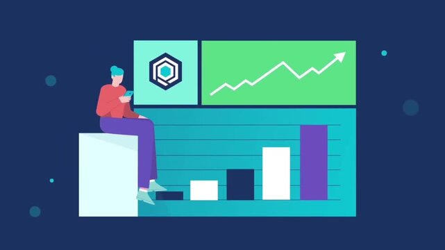 Business Data Analyst Working at Desk with Financial Chart Dashboard. Corporate Employee Character 2D Animation.