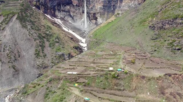 Aerial View of Sissu Waterfall in the Himalayan Region of Himachal Pradesh, India