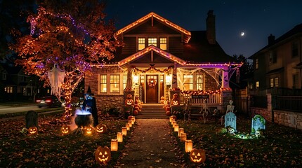 Obraz premium Spectacular halloween house exterior glowing jack o' lanterns spooky decorations and festive nighttime curb appeal