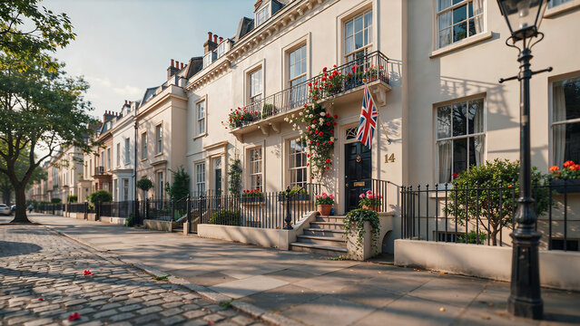 Classic british townhouses with flower boxes and british flags, london-style street scene black iron fences