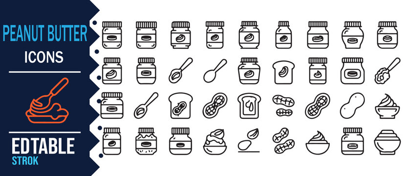 Peanut Butter Packaging and Snack Line Icon Collection