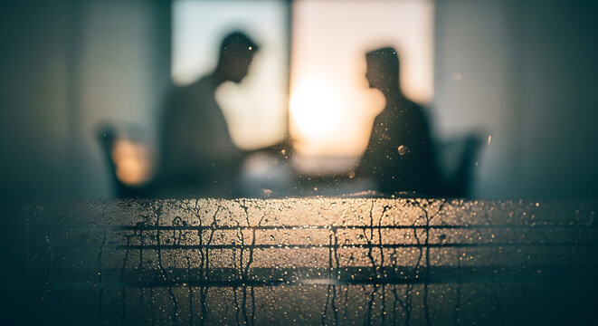 A HIPAA privacy focused meeting with silhouette figures viewed through glass condensation in a dark office during a confidential consultation